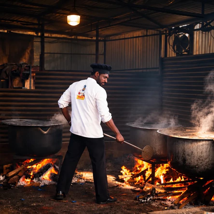 The chef stirring biriyani in large vessels over an open wood fire